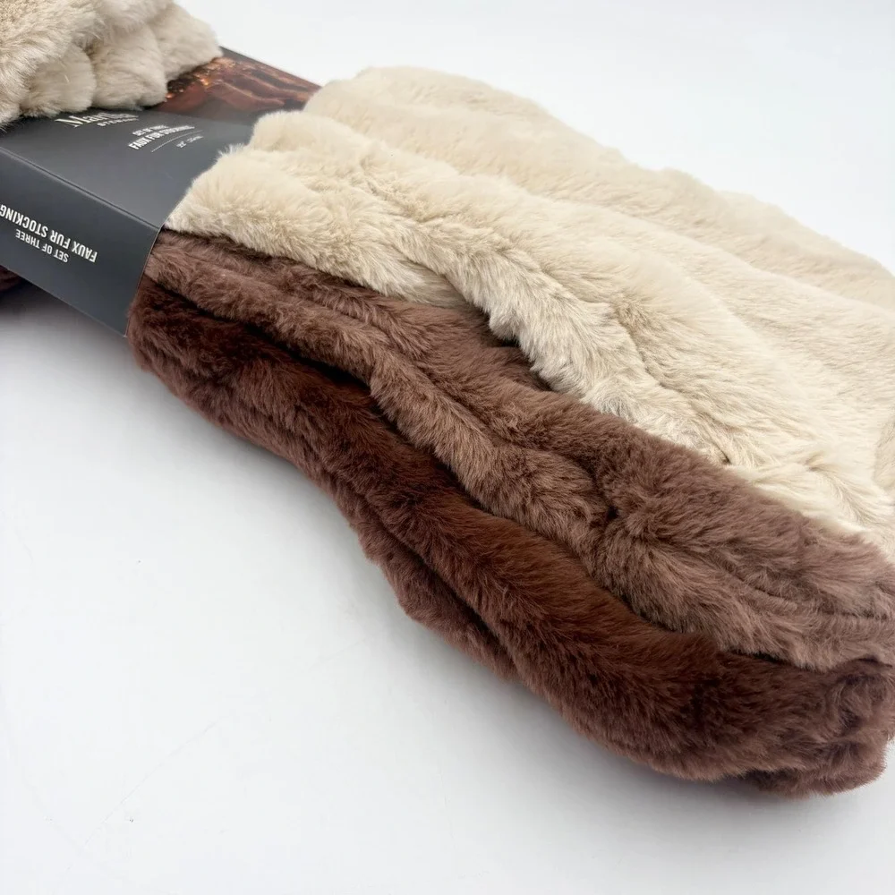 Martha Sewart Set of 3 Faux Fur Neutrals Brown Tan‎ Beige Christmas Stockings